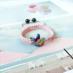 Light Pink Silk Adjustable Cord Bracelet w/Enamel Rainbow Unicorn Charm~~NWOT